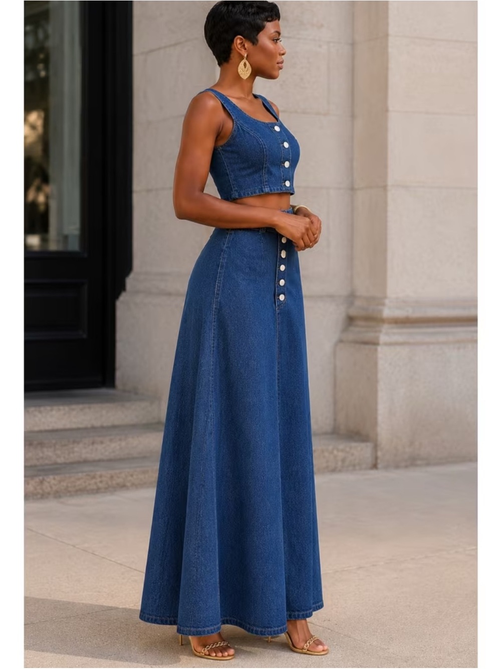 Dark Wash Button-Front A-Line Denim Maxi Skirt XL - Picture 2 of 4